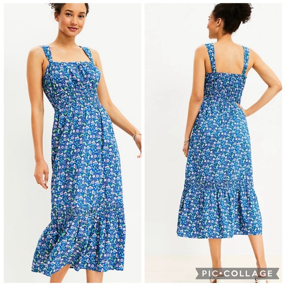 LOFT Shirred flounce maxi dress blue floral cotton blend sleeveless Sz S Tiered